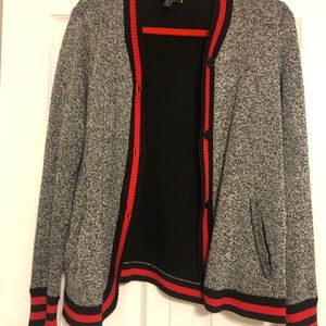 Black and white textured three button cardigan.